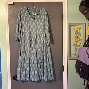 Boho Lucky Brand Teal flowy Long Sleeve Dress.